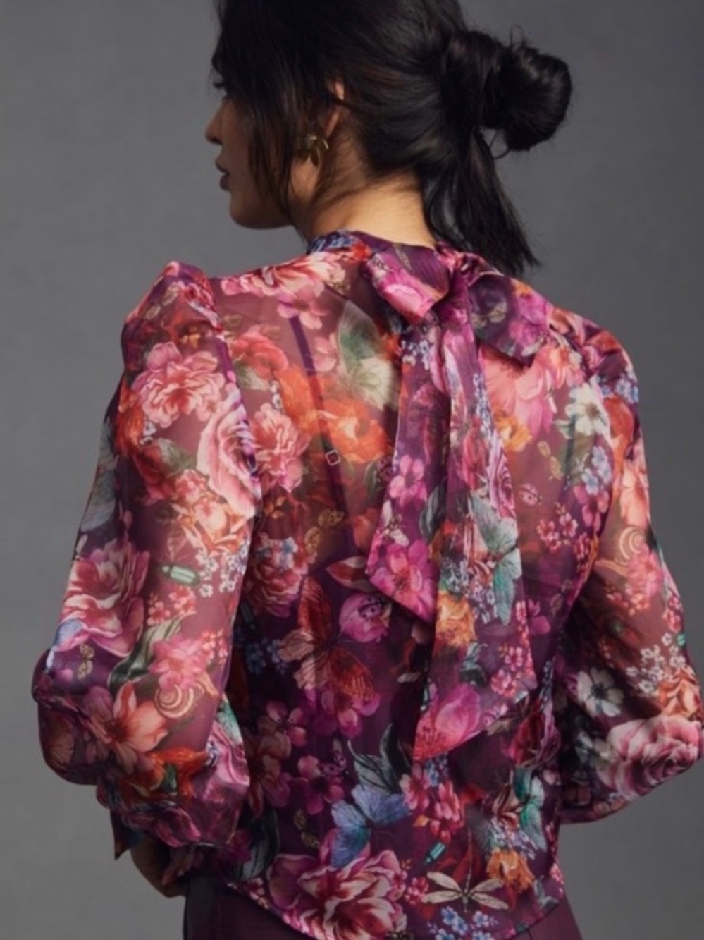 Anthropologie Organza Sheer Floral High-Neck Bow Back Blouse size Medium - Picture 2 of 13